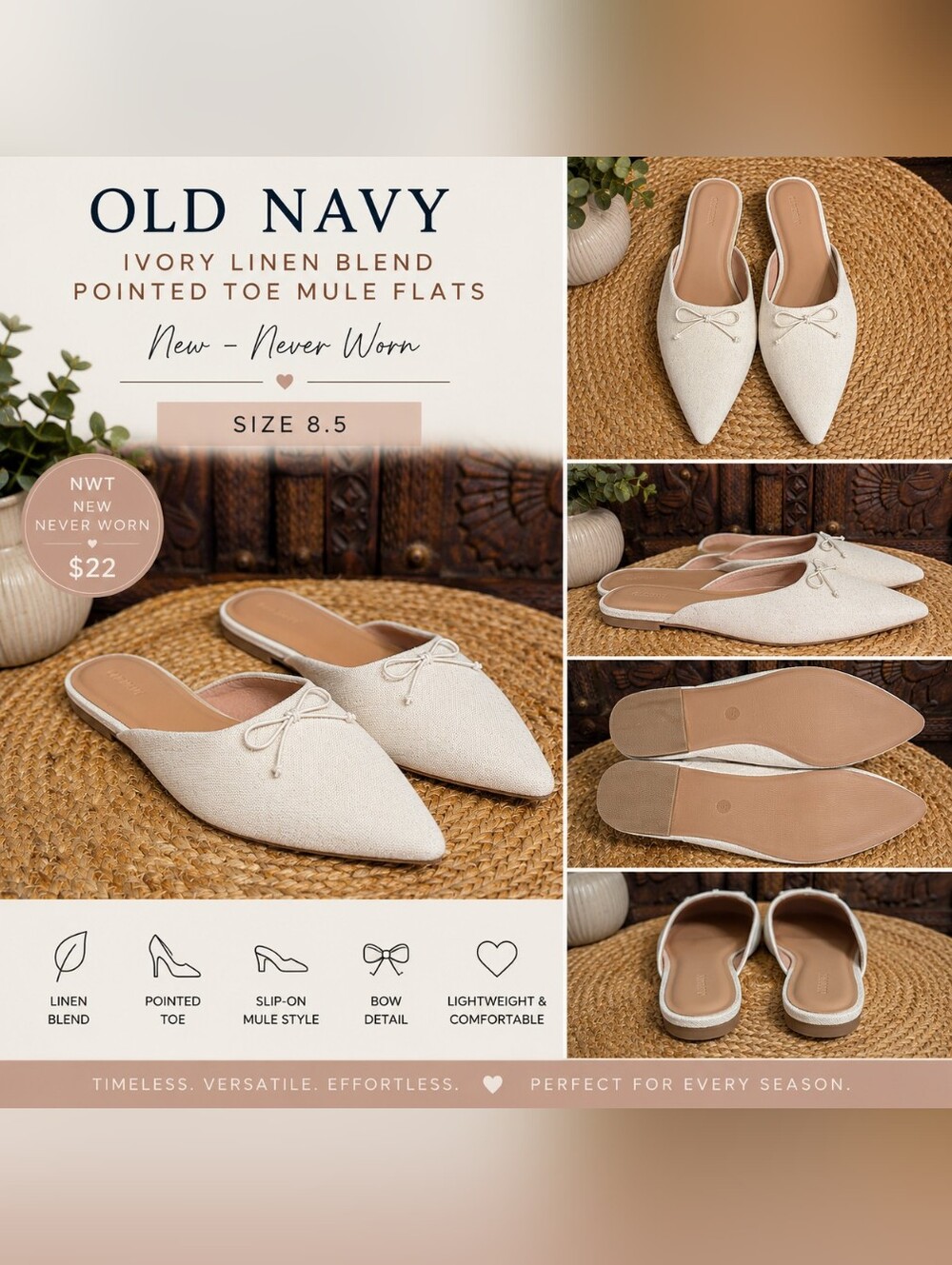 🤍 New Never Worn – Old Navy Ivory Linen Blend Pointed Toe Mule Flats
